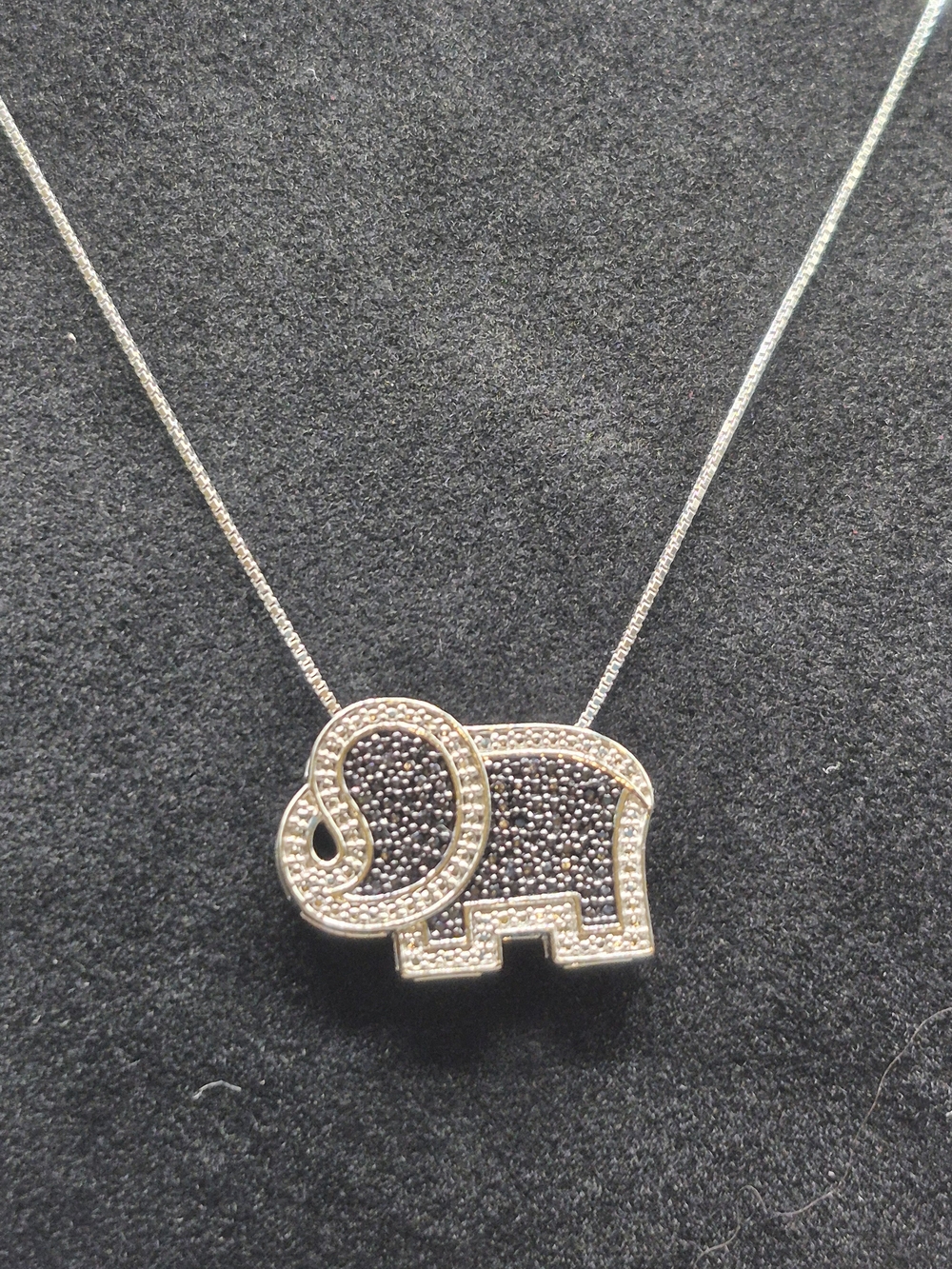 Sterling Silver Elephant Pendant Necklace with Black Pavé Diamonds